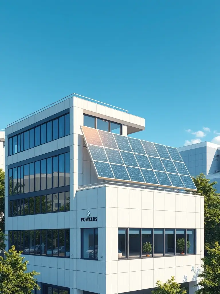 A modern commercial building with solar panels installed on the roof, showcasing Saurmandal Solar's expertise in providing energy solutions for businesses.