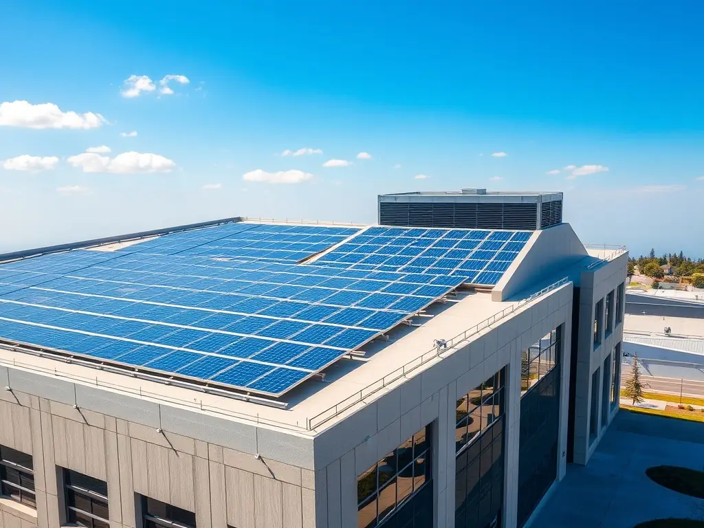A high-angle shot of a large commercial building rooftop completely covered in solar panels, under a clear blue sky, showcasing a grid-tied solar system installation.