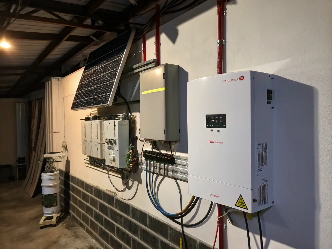 A close-up shot of a hybrid solar inverter, highlighting its advanced technology and connectivity features, suitable for a hybrid solar system setup.