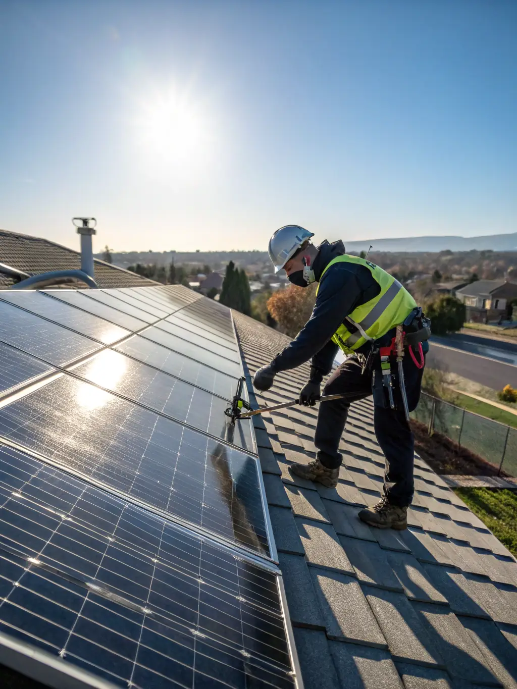 A Saurmandal Solar technician performing a detailed inspection of a commercial solar panel installation, emphasizing the company's commitment to quality.