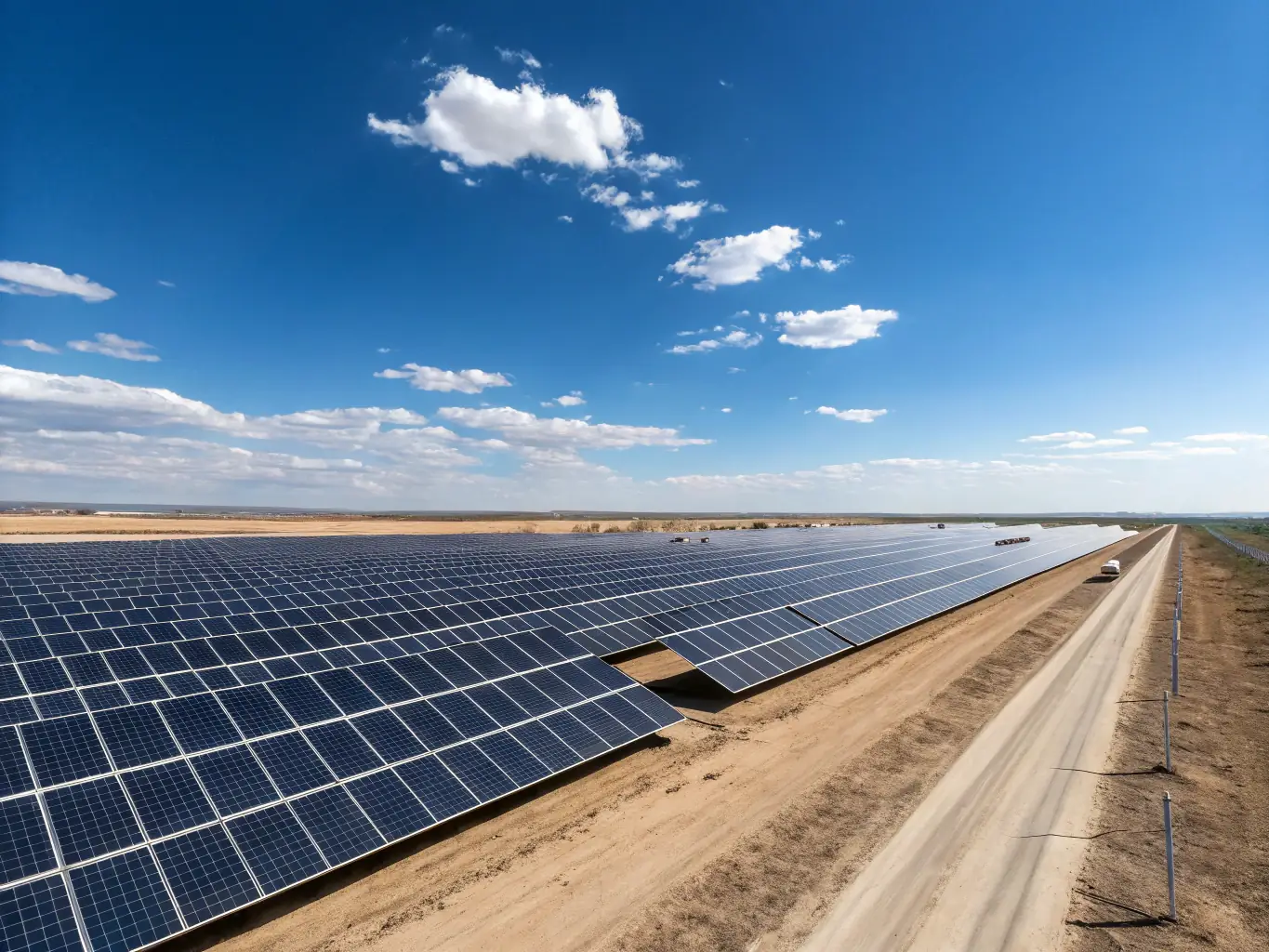A ground-level shot of a solar panel array installed on a commercial property, with battery storage units visible in the background, representing an off-grid solar system.